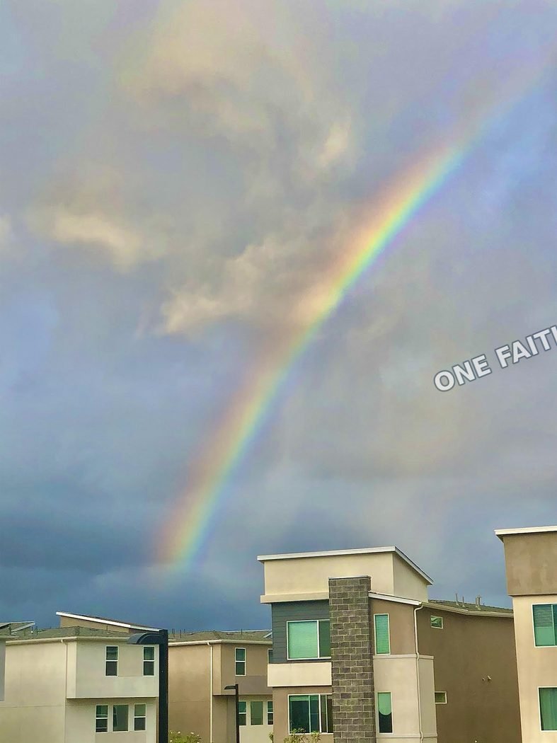 A rainbow appearing over neighborhood buildings.