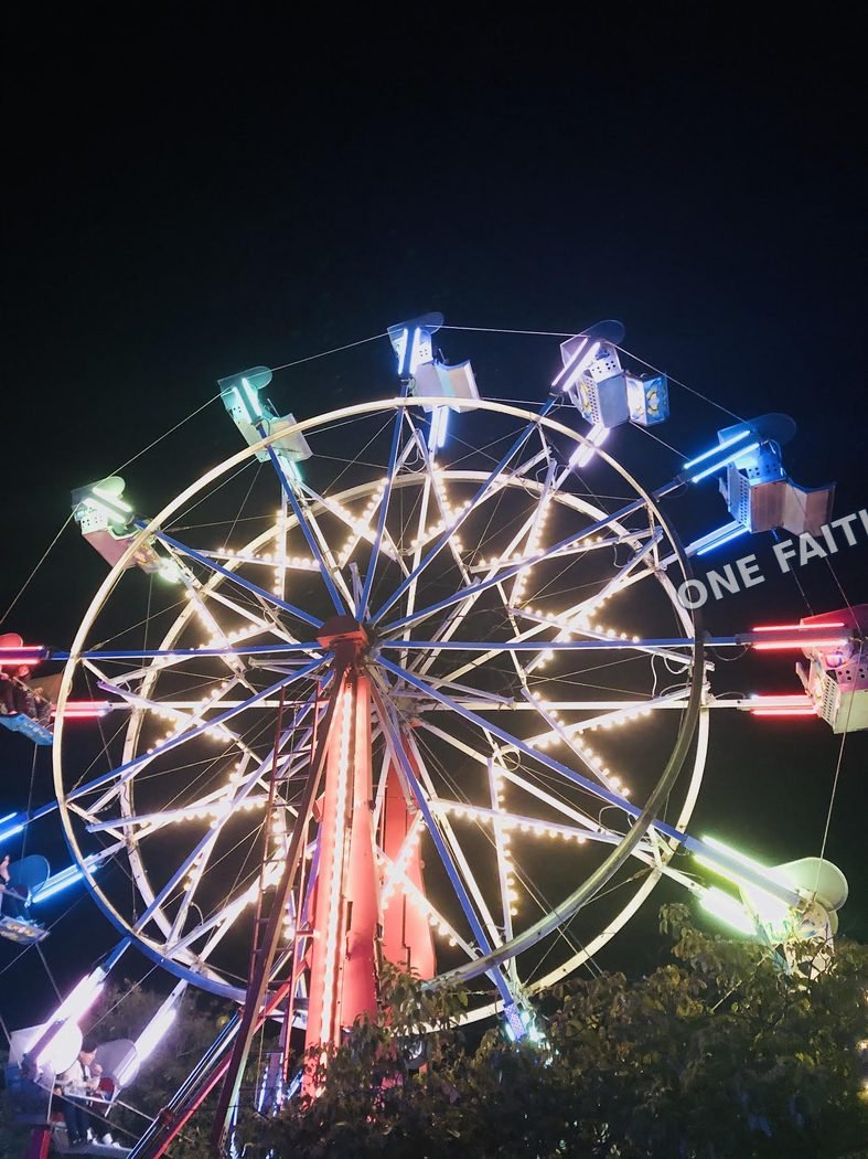 A ferris wheel glowing at night.