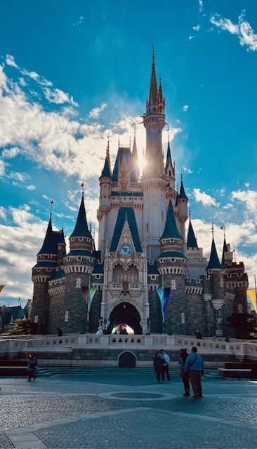 A fairytale castle lit against the evening sky.
